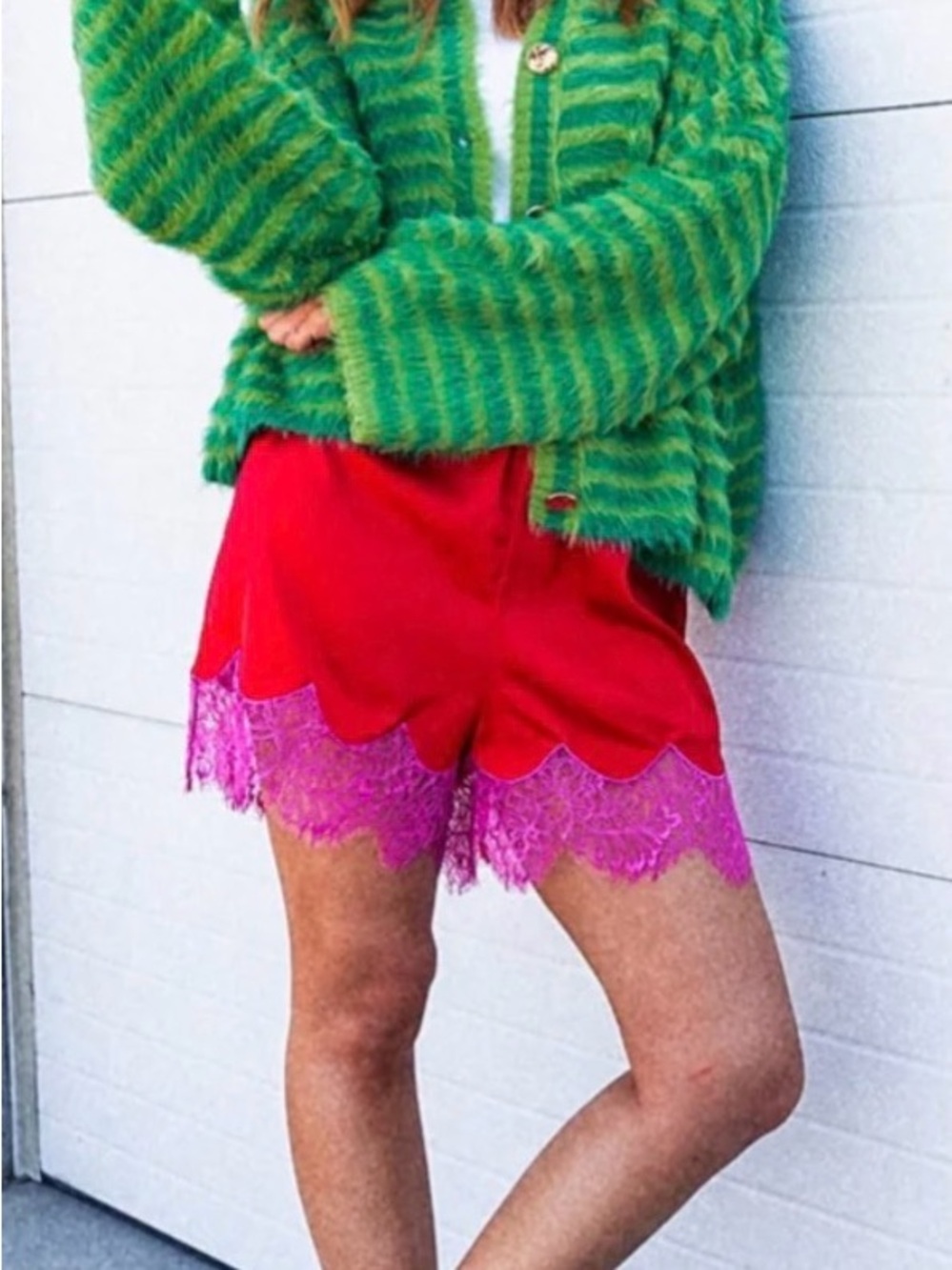 Women’s Red Scalloped Lace Trim Shorts - Pink Lace Accent